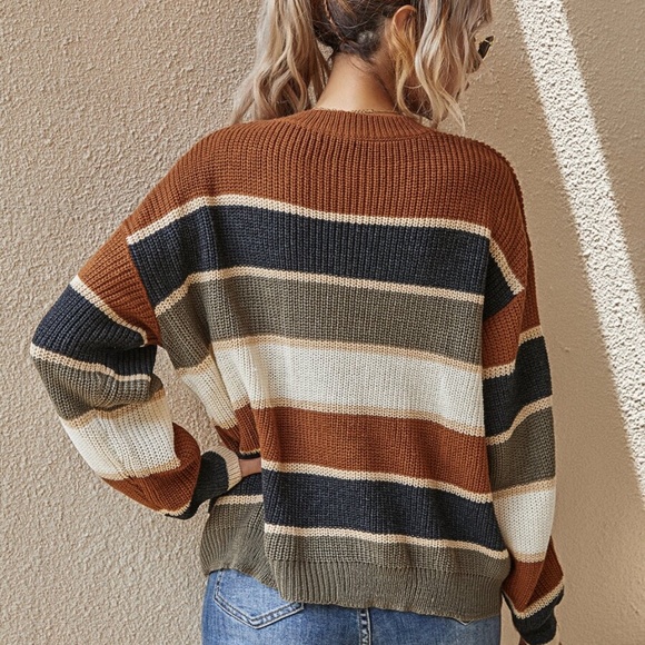 Cozy oversized color block striped knit sweater Top - Picture 6 of 7